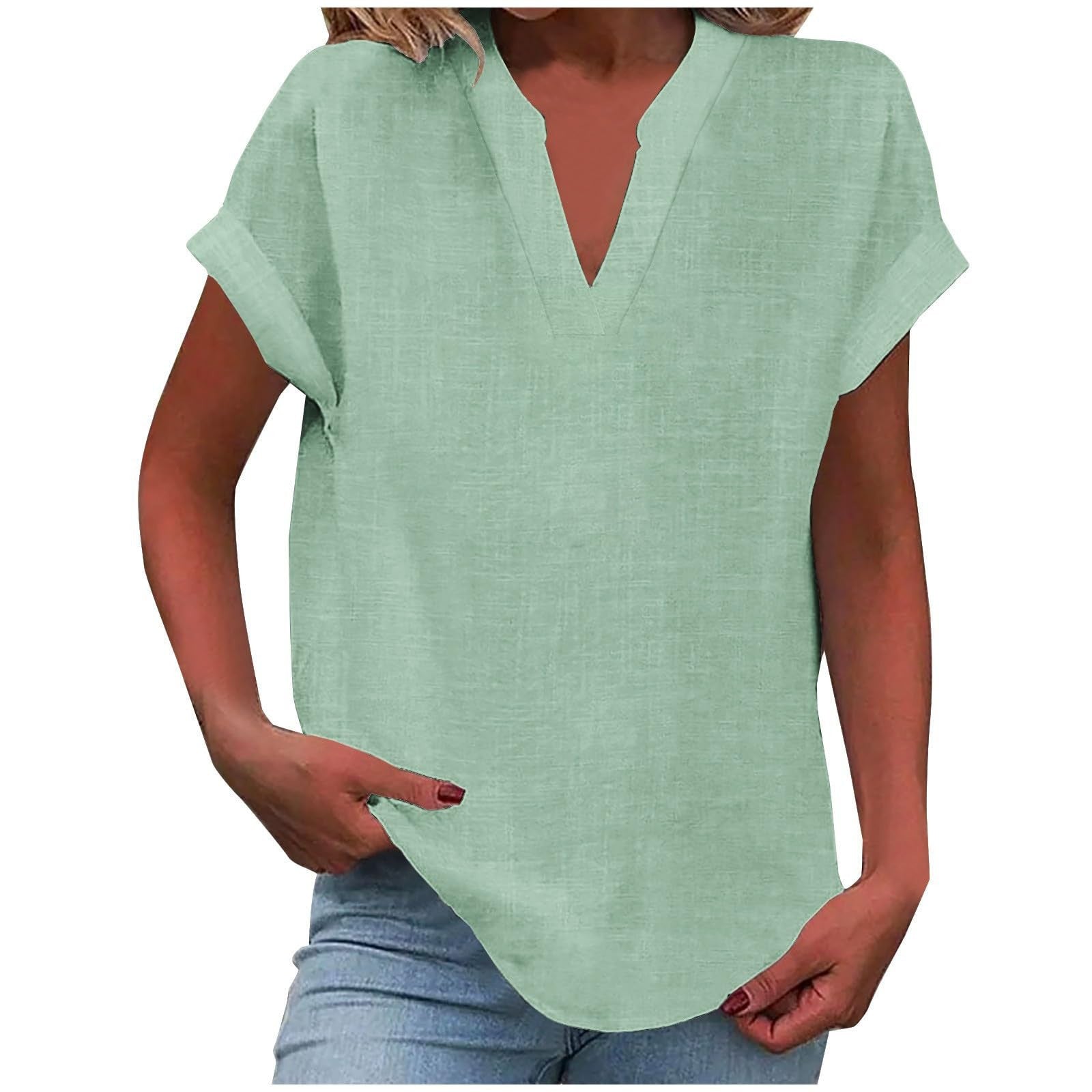 Top femme col V manches courtes coupe ample style décontracté