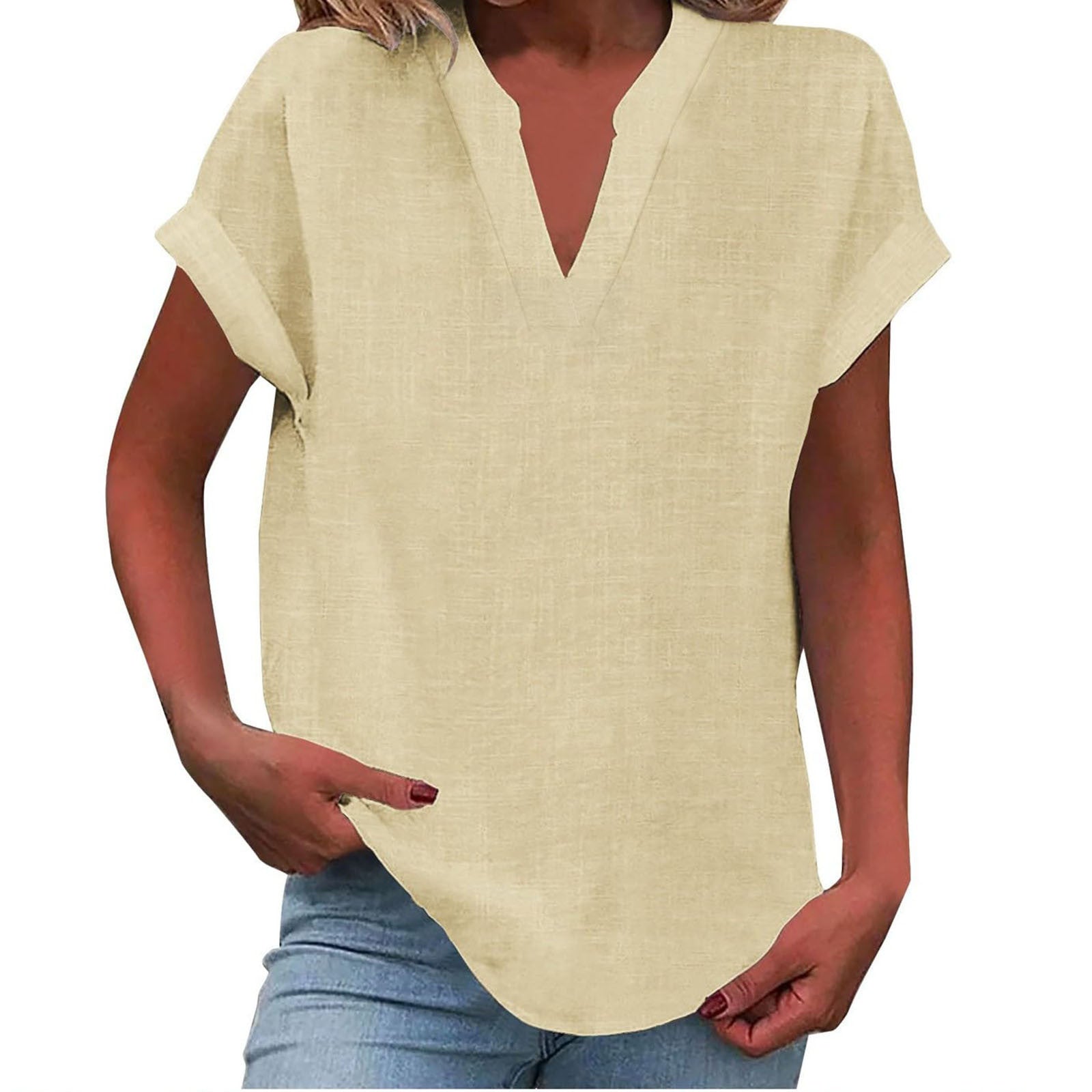 Top femme col V manches courtes coupe ample style décontracté
