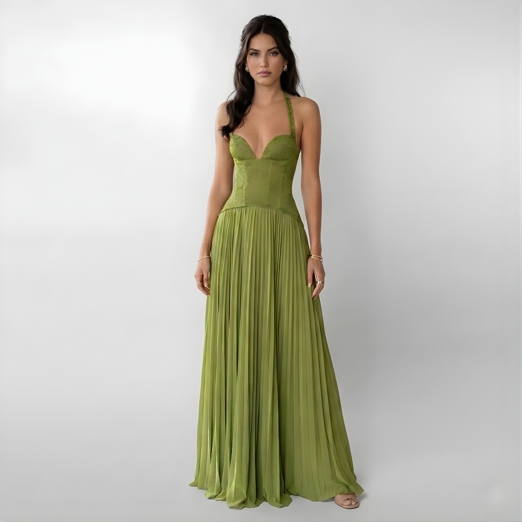 Robe Longue Élégante Plissée à Col Halter pour Femme