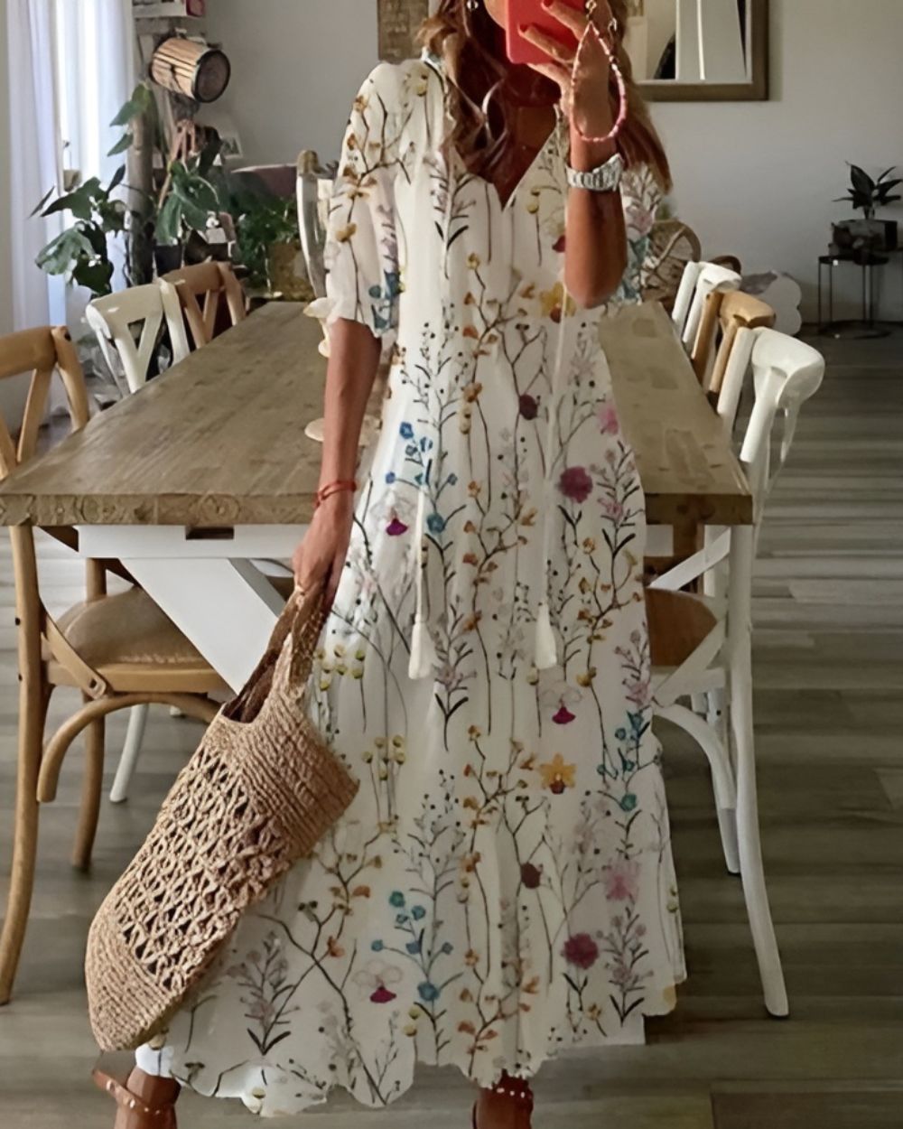 Robe Longue Fluide Décolleté V avec Pompons
