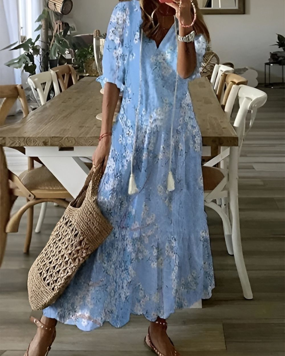 Robe Longue Fluide Décolleté V avec Pompons