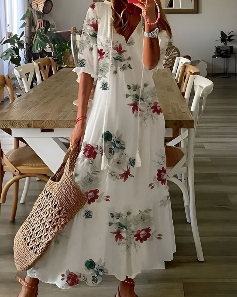 Robe Longue Fluide Décolleté V avec Pompons