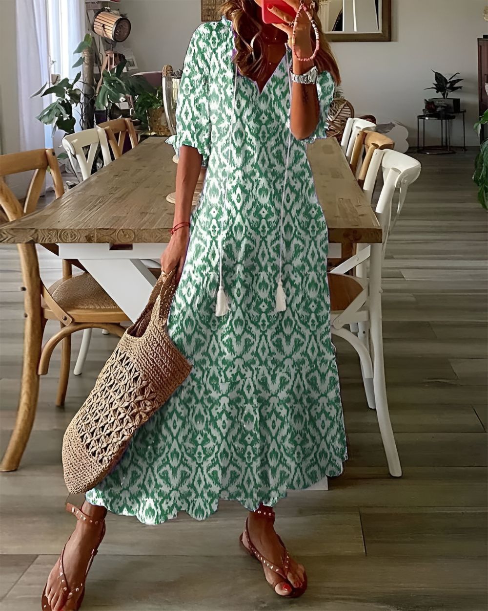 Robe Longue Fluide Décolleté V avec Pompons