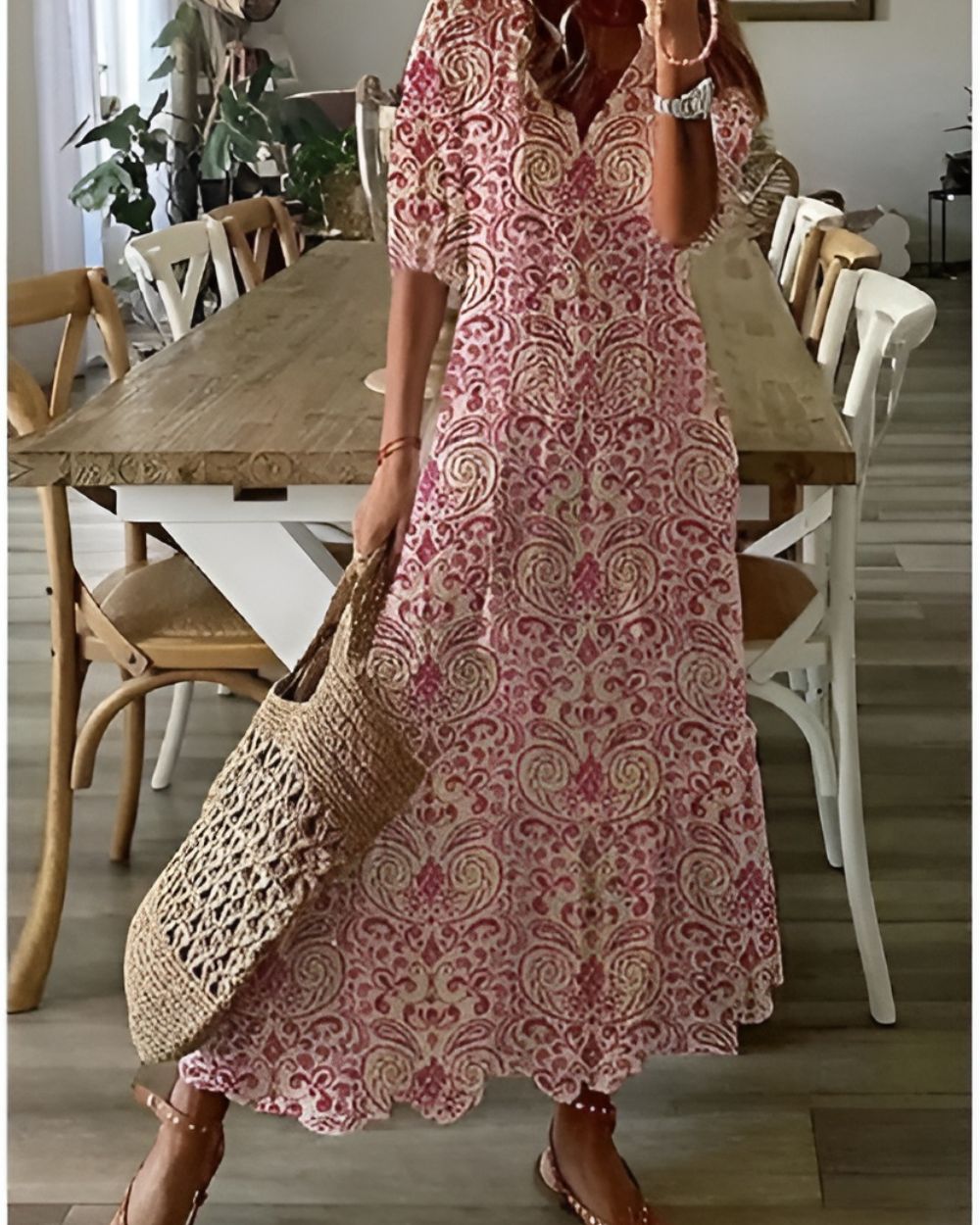 Robe Longue Fluide Décolleté V avec Pompons