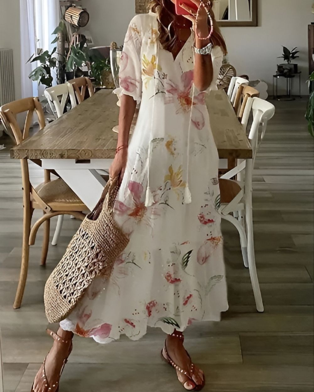 Bohemian Maxi Dress with Front Knot for Women