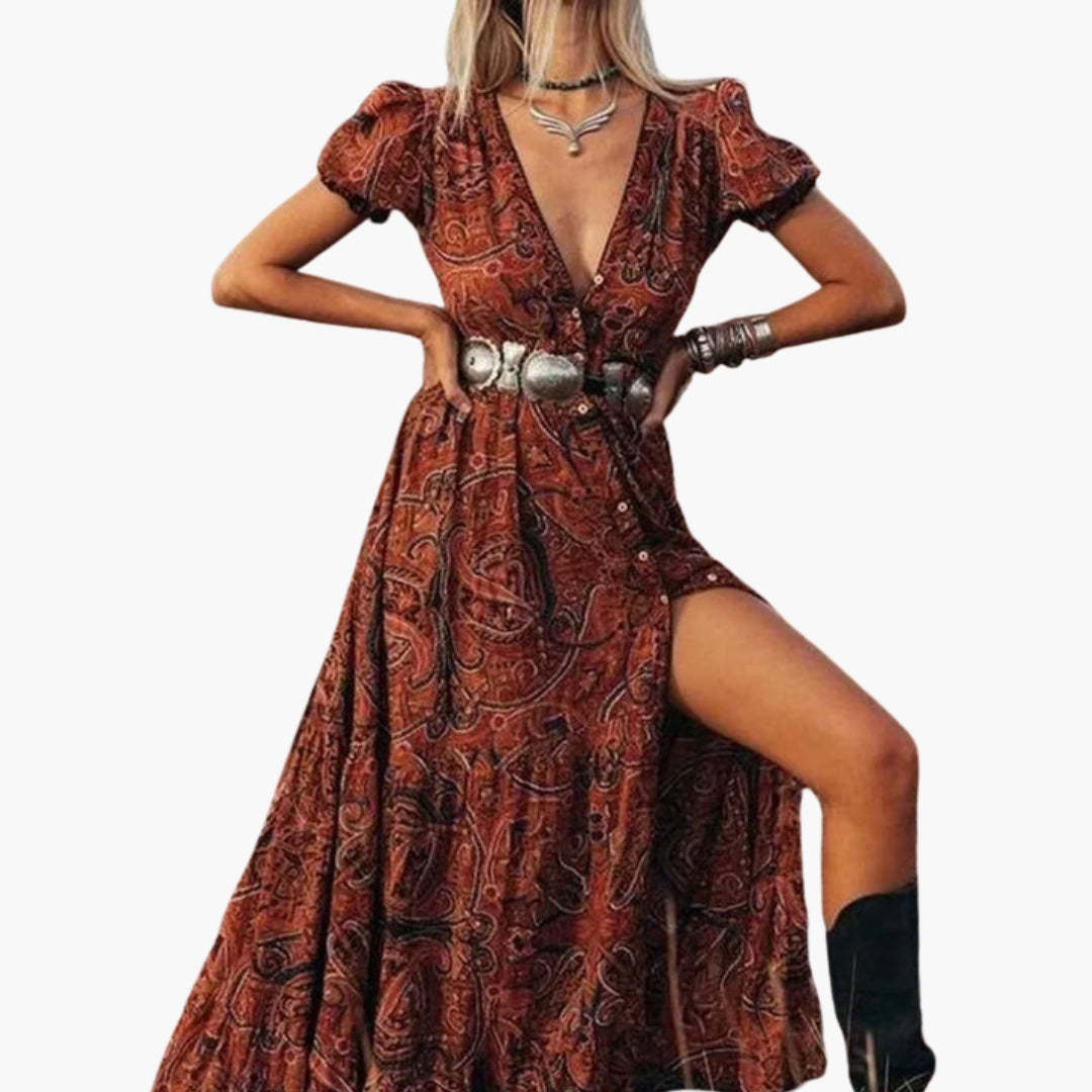 Robe Longue Femme Élégante Col en V Motif Paisley