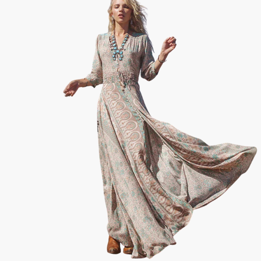 Robe Longue Femme Élégante Col en V Motif Paisley