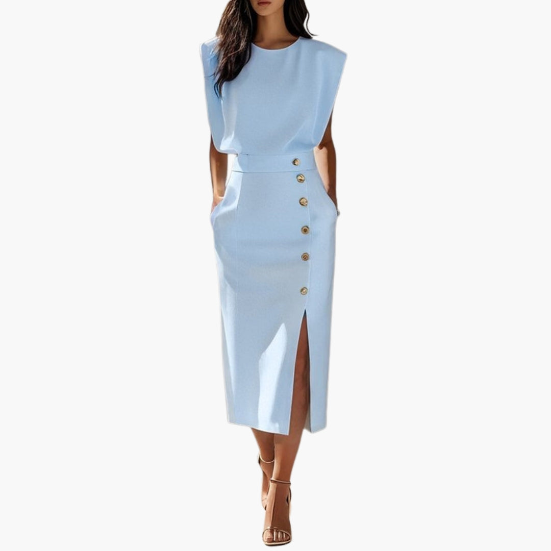 Robe Midi Élégante Femme avec Détail Boutonné et Fente Latérale