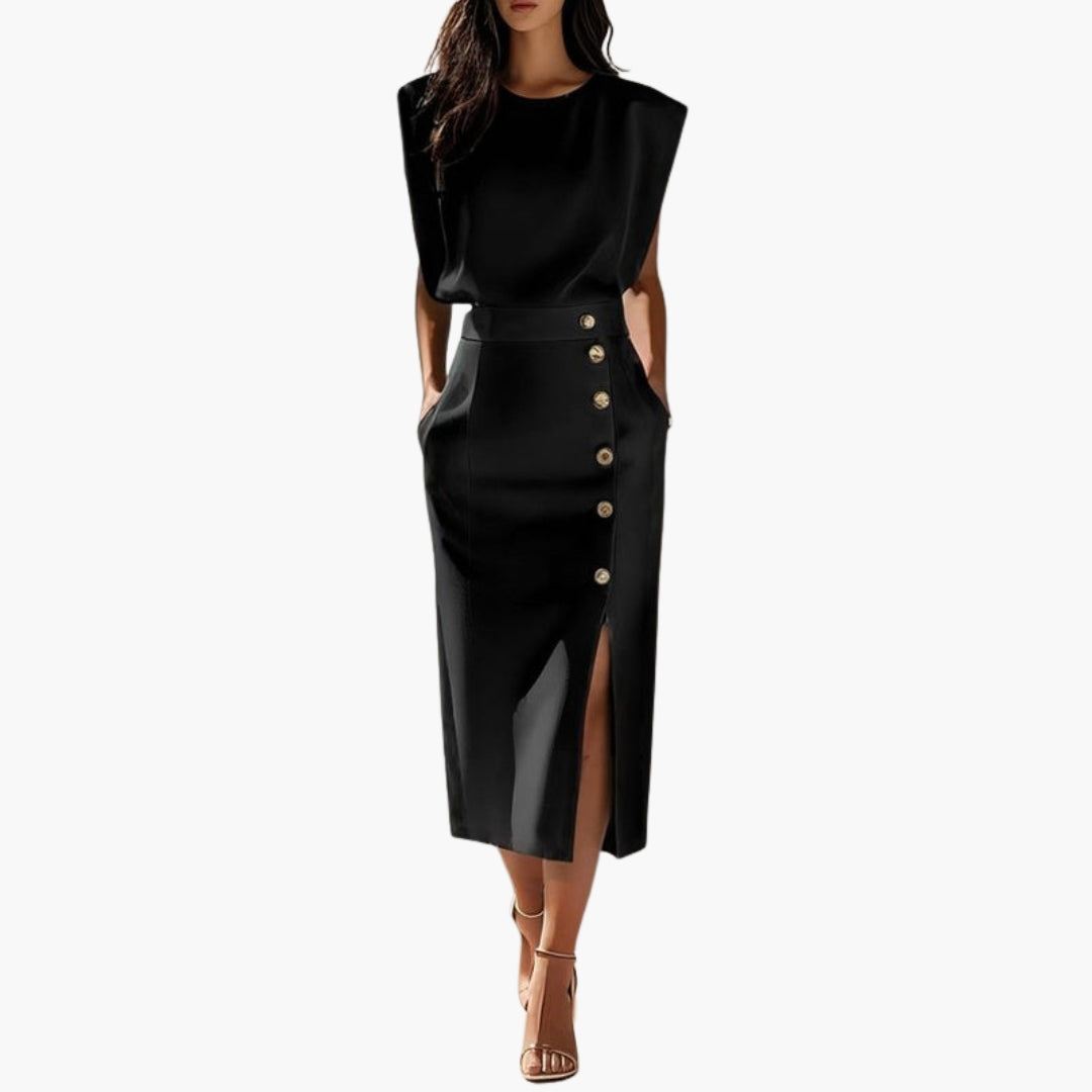 Robe Midi Élégante Femme avec Détail Boutonné et Fente Latérale