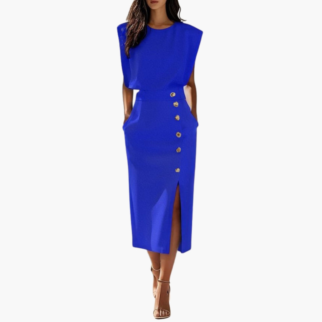 Robe Midi Élégante Femme avec Détail Boutonné et Fente Latérale