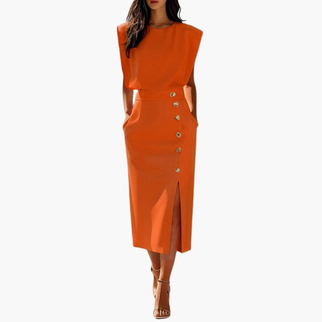 Robe Midi Élégante Femme avec Détail Boutonné et Fente Latérale