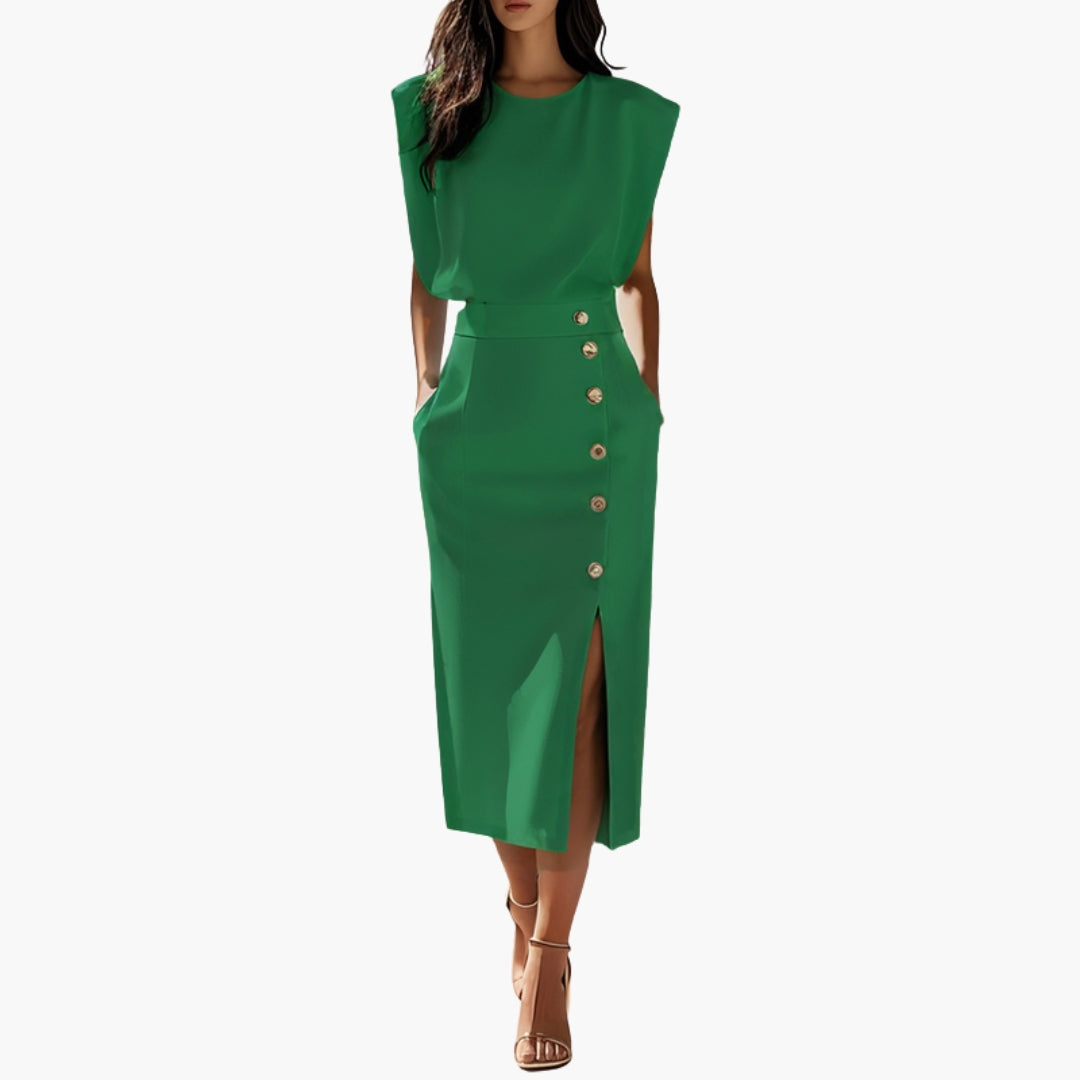 Robe Midi Élégante Femme avec Détail Boutonné et Fente Latérale