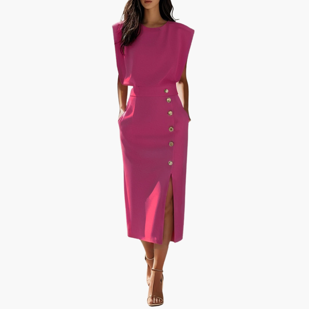 Robe Midi Élégante Femme avec Détail Boutonné et Fente Latérale