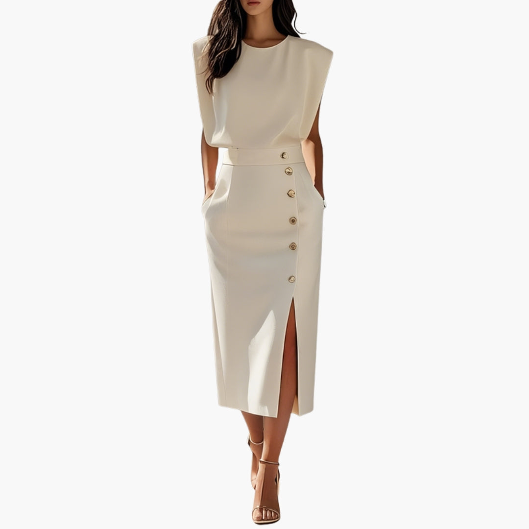 Robe Midi Élégante Femme avec Détail Boutonné et Fente Latérale