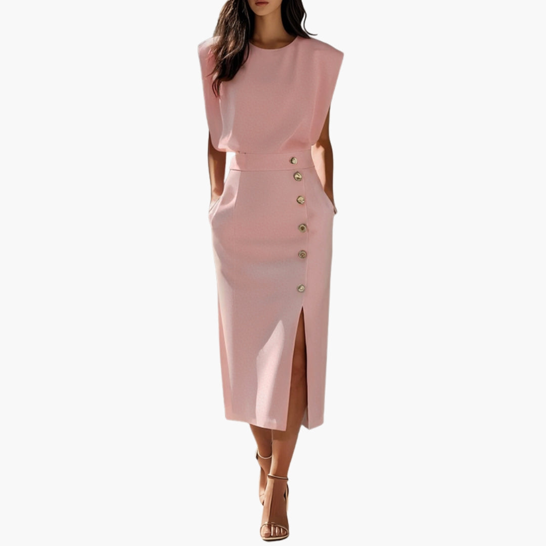 Robe Midi Élégante Femme avec Détail Boutonné et Fente Latérale