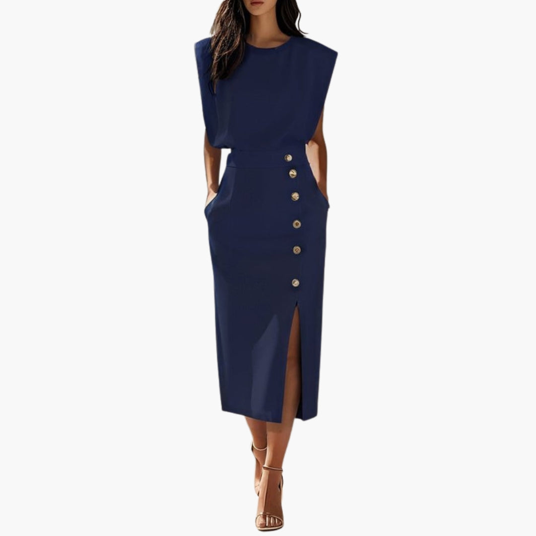 Robe Midi Élégante Femme avec Détail Boutonné et Fente Latérale