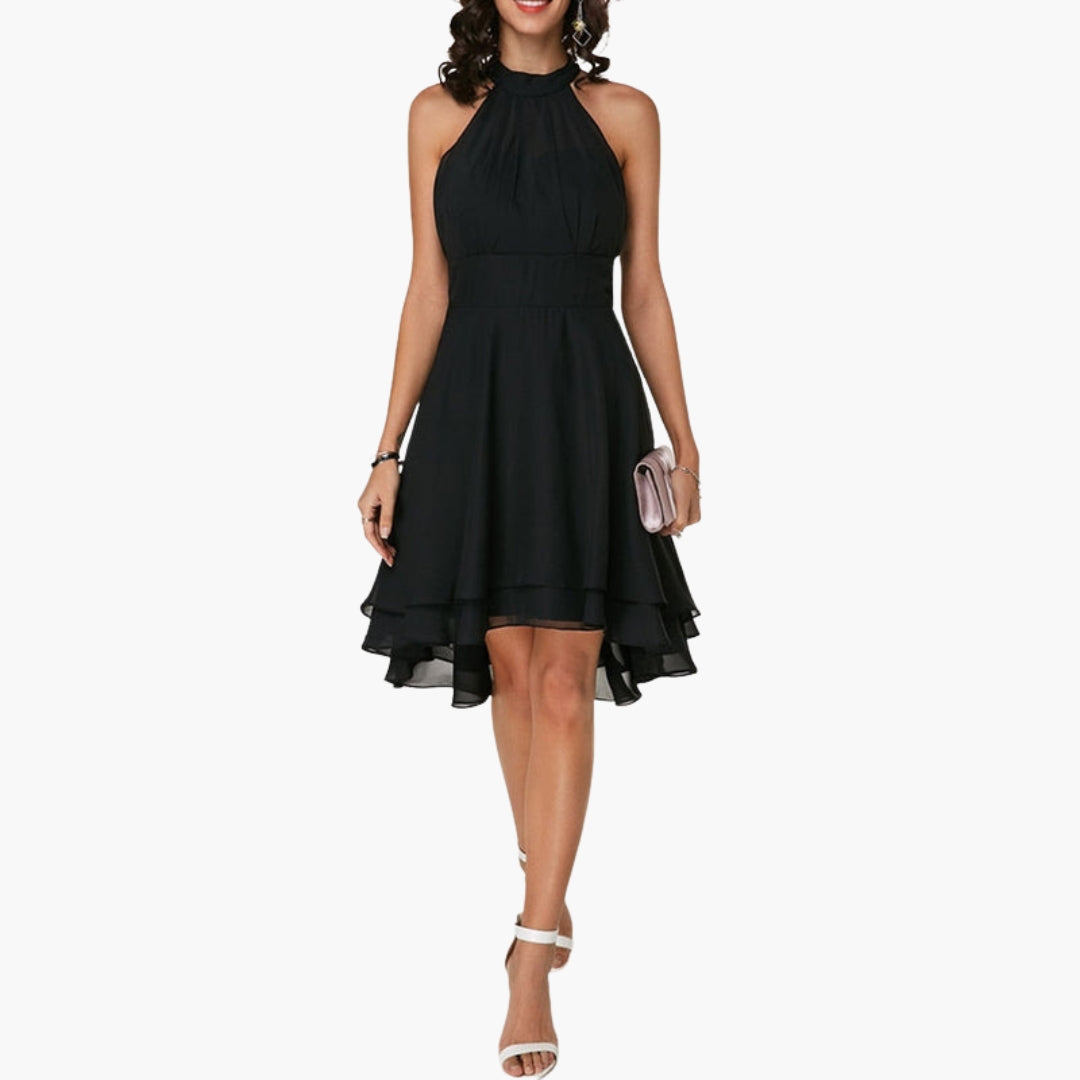 Robe femme élégante sans manches à ourlet volanté et col rond