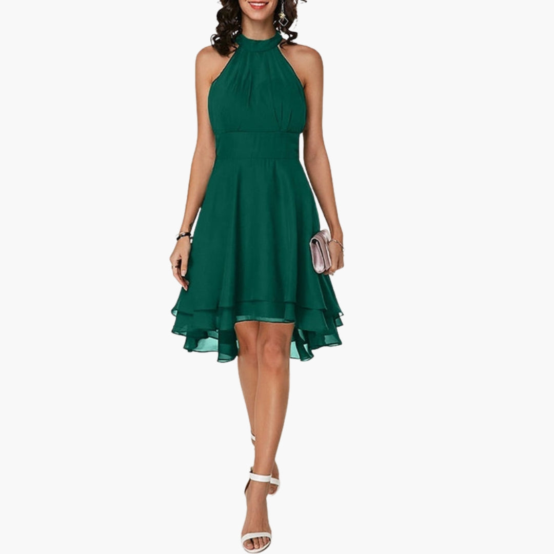 Robe femme élégante sans manches à ourlet volanté et col rond