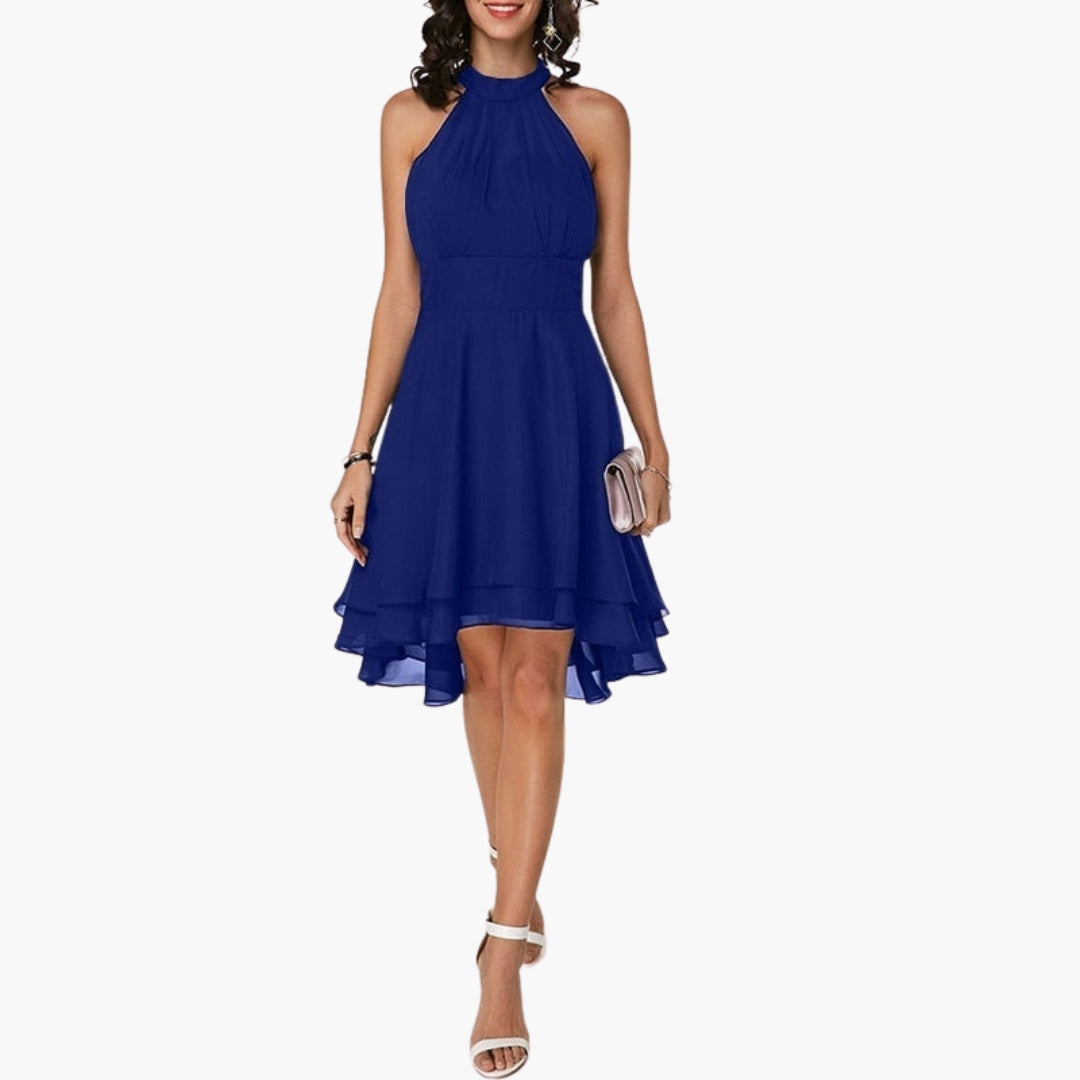 Robe femme élégante sans manches à ourlet volanté et col rond