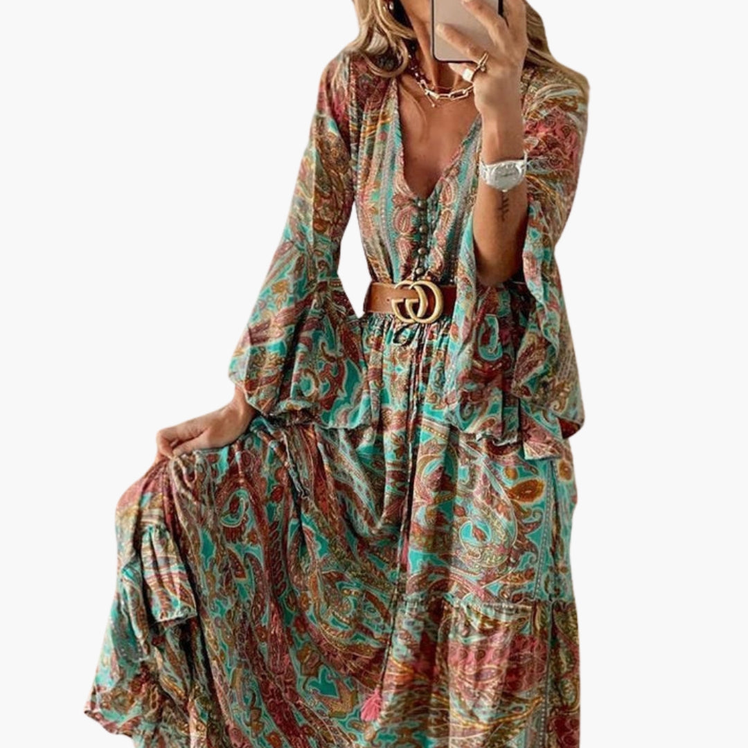 Robe longue femme élégante à motif paisley avec manches évasées