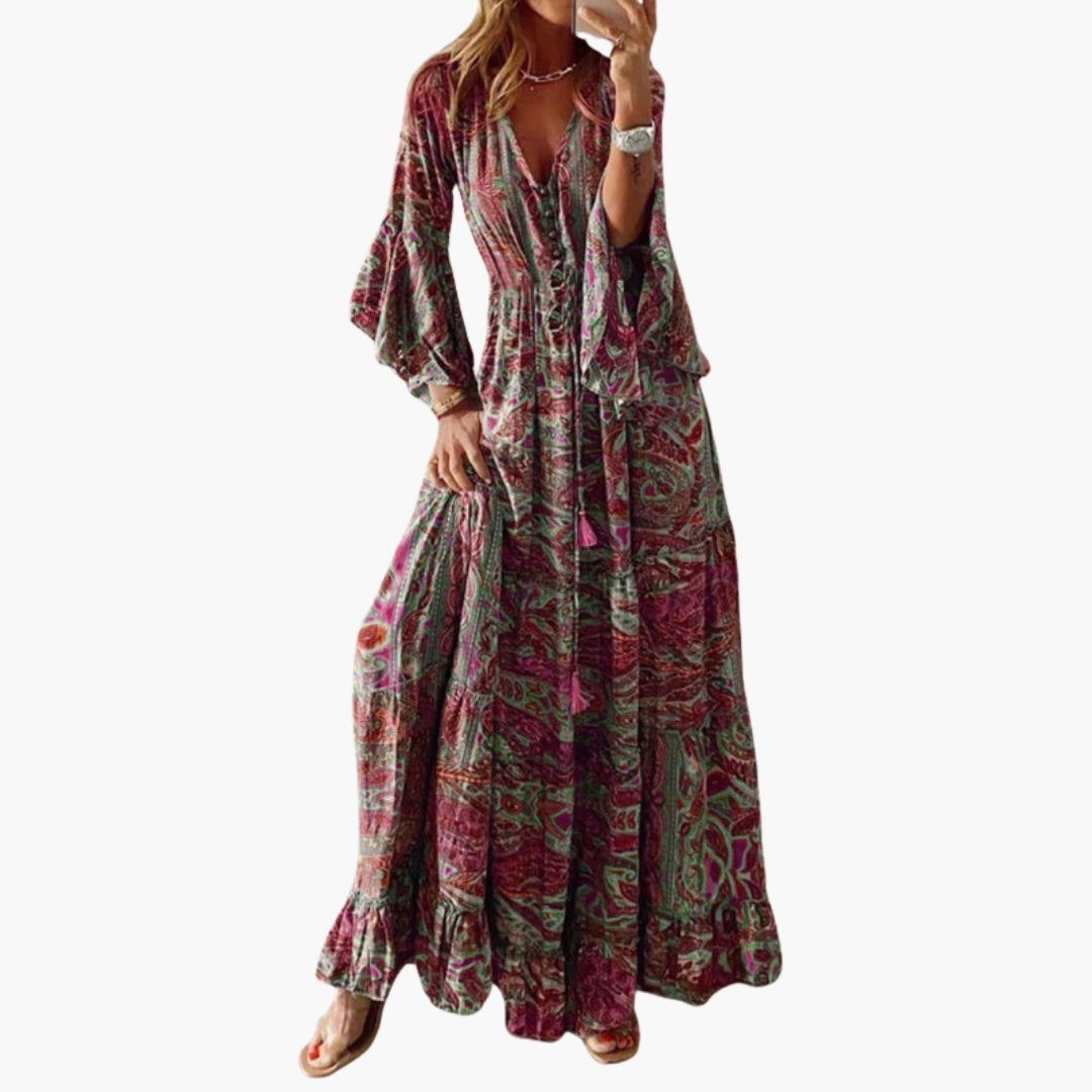Robe longue femme élégante à motif paisley avec manches évasées