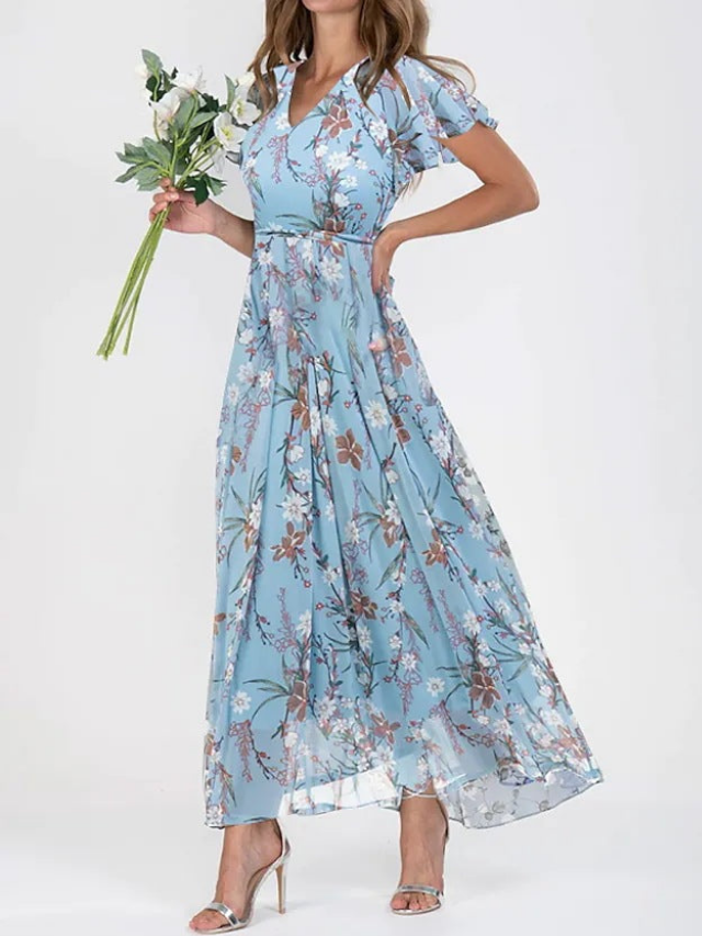 Elegant Floral Chiffon Maxi Dress for Women