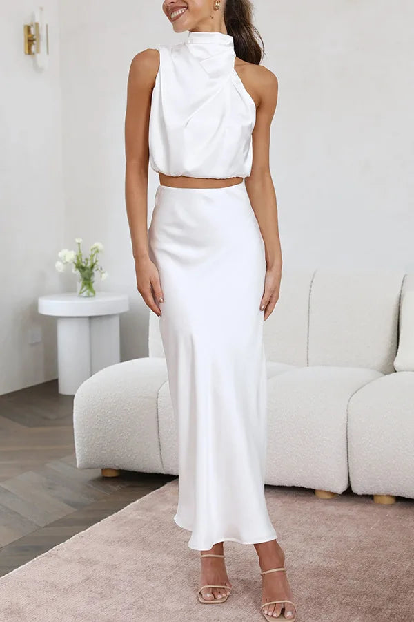 Ensemble 2 Pièces Satiné Élégant à Col Drapé pour Femme