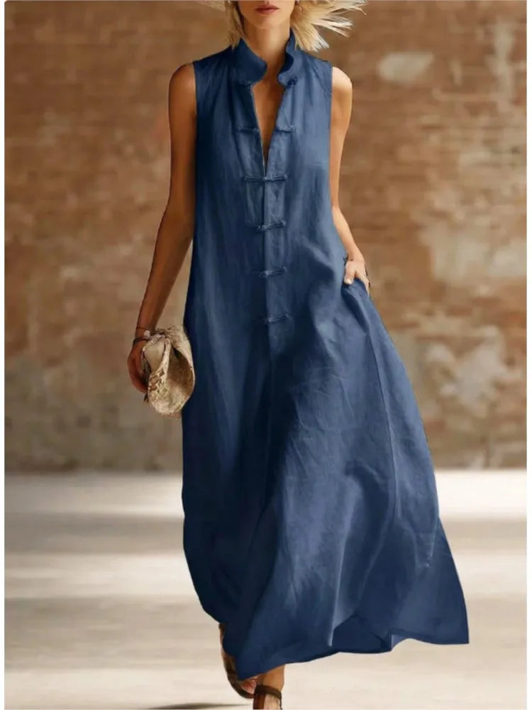 Women's Long Sleeveless Dress with Mandarin Collar