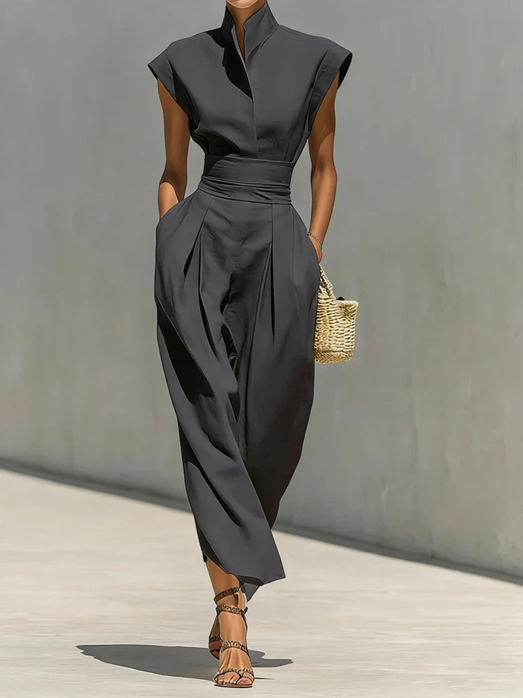 Robe Longue Femme à Col Montant et Poches Pratiques