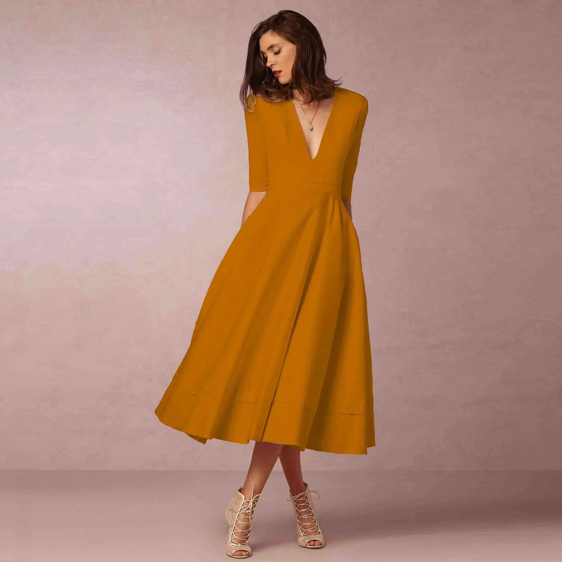 Robe Midi col en V manches coude femme