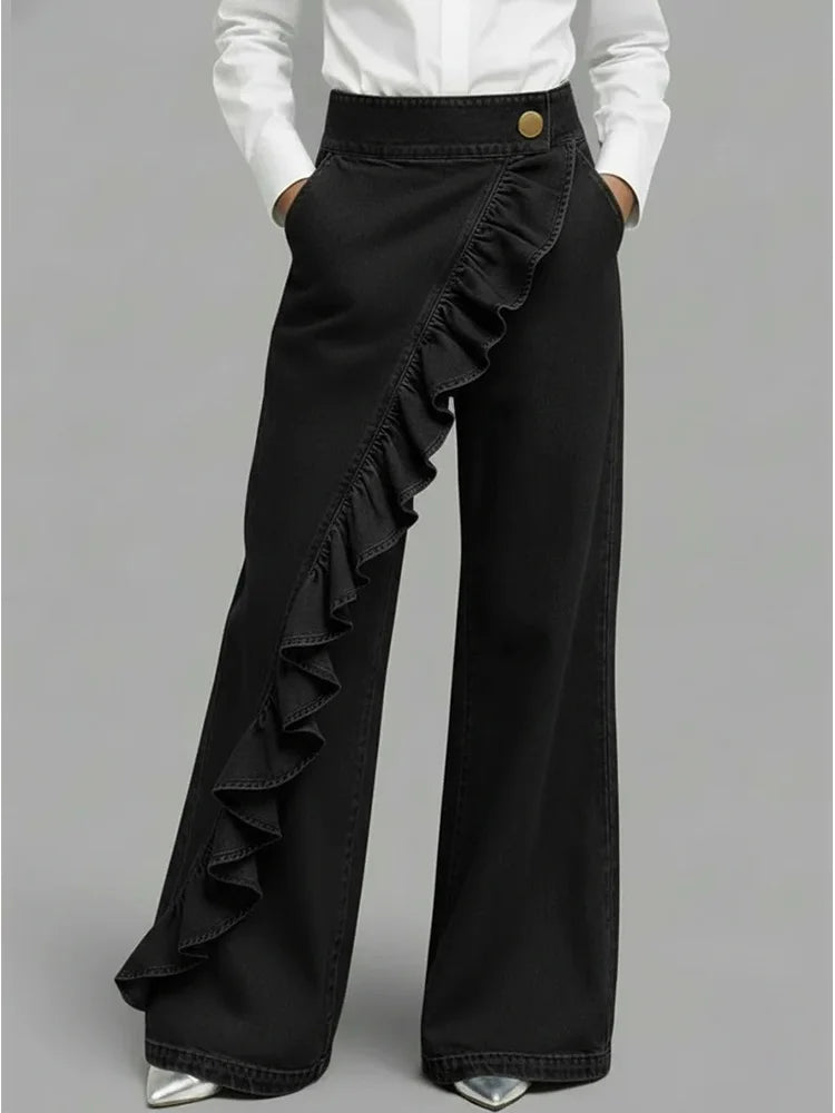 Asymmetric Ruffle High-Waisted Jeans for Women