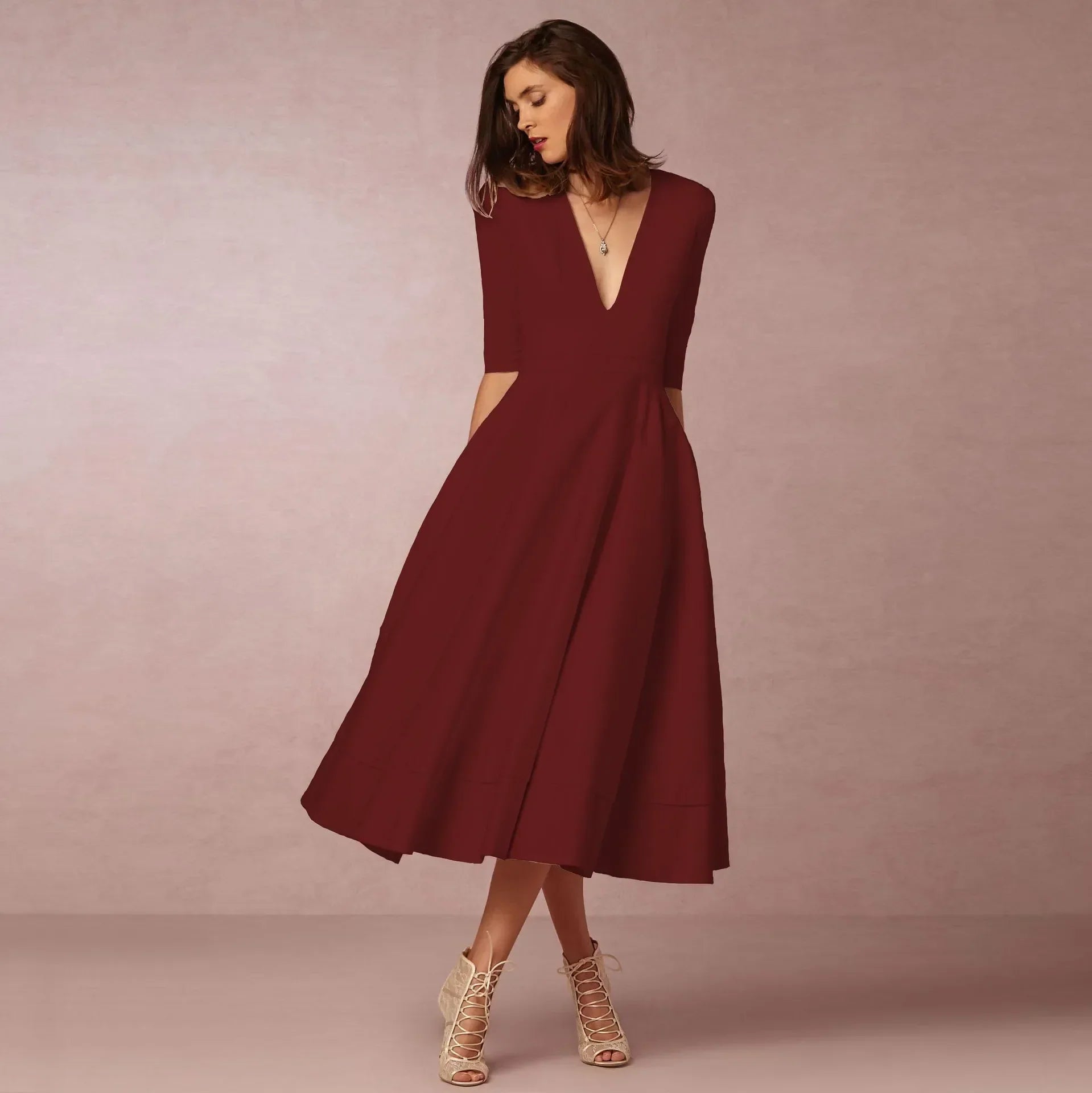 Robe Midi col en V manches coude femme