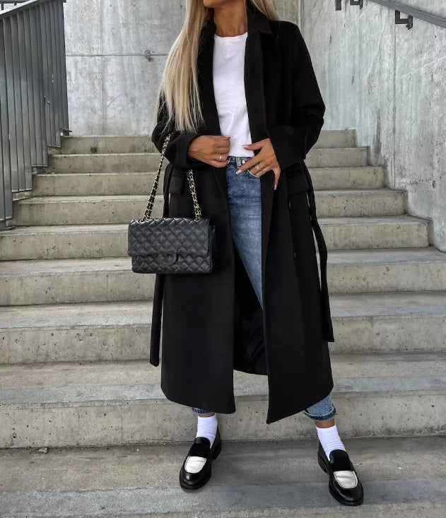 Trench-Coat Long Pour Femme À Double Boutonnage et Ceinture