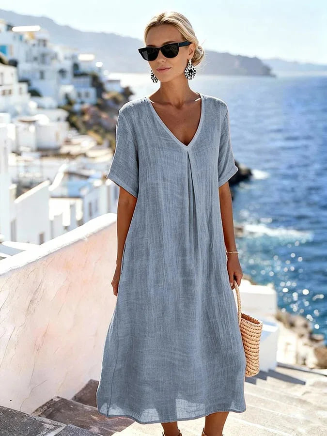 Robe Midi Femme Fluide à Col V avec Coupe Ample
