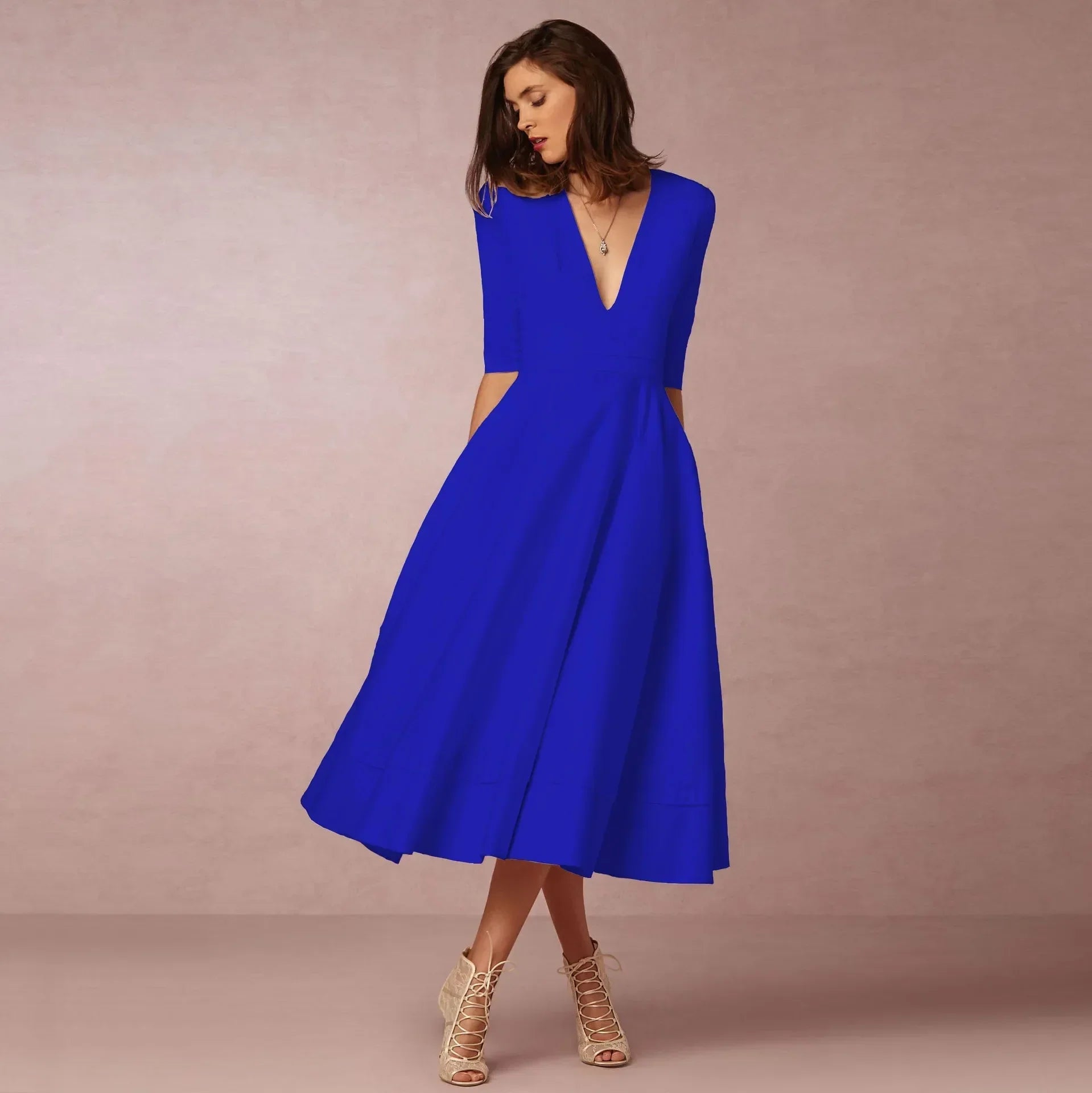 Robe Midi col en V manches coude femme