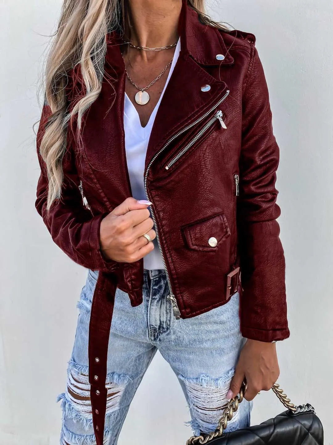 Veste De Motard Pour Femme en Similicuir Avec Fermeture Éclair Asymétrique
