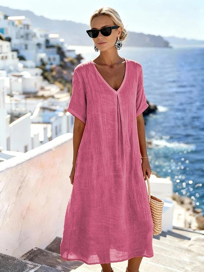 Robe Midi Femme Fluide à Col V avec Coupe Ample