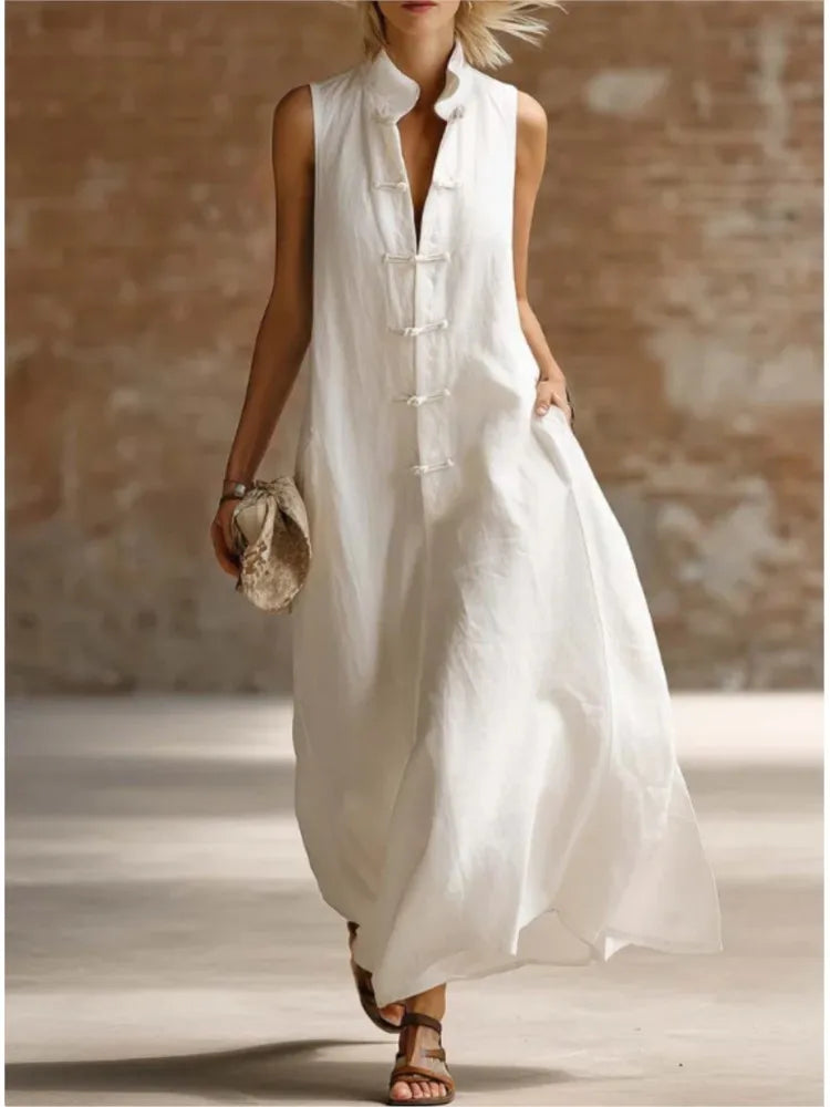 Women's Long Sleeveless Dress with Mandarin Collar