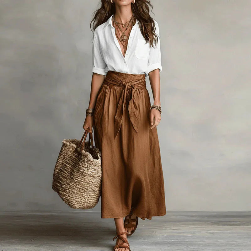 Two-Piece Set with Button-Up Blouse and Midi Skirt