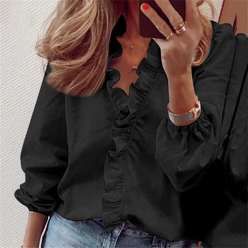 Blouse Élégante à Col Volants et Manches Longues pour Femme