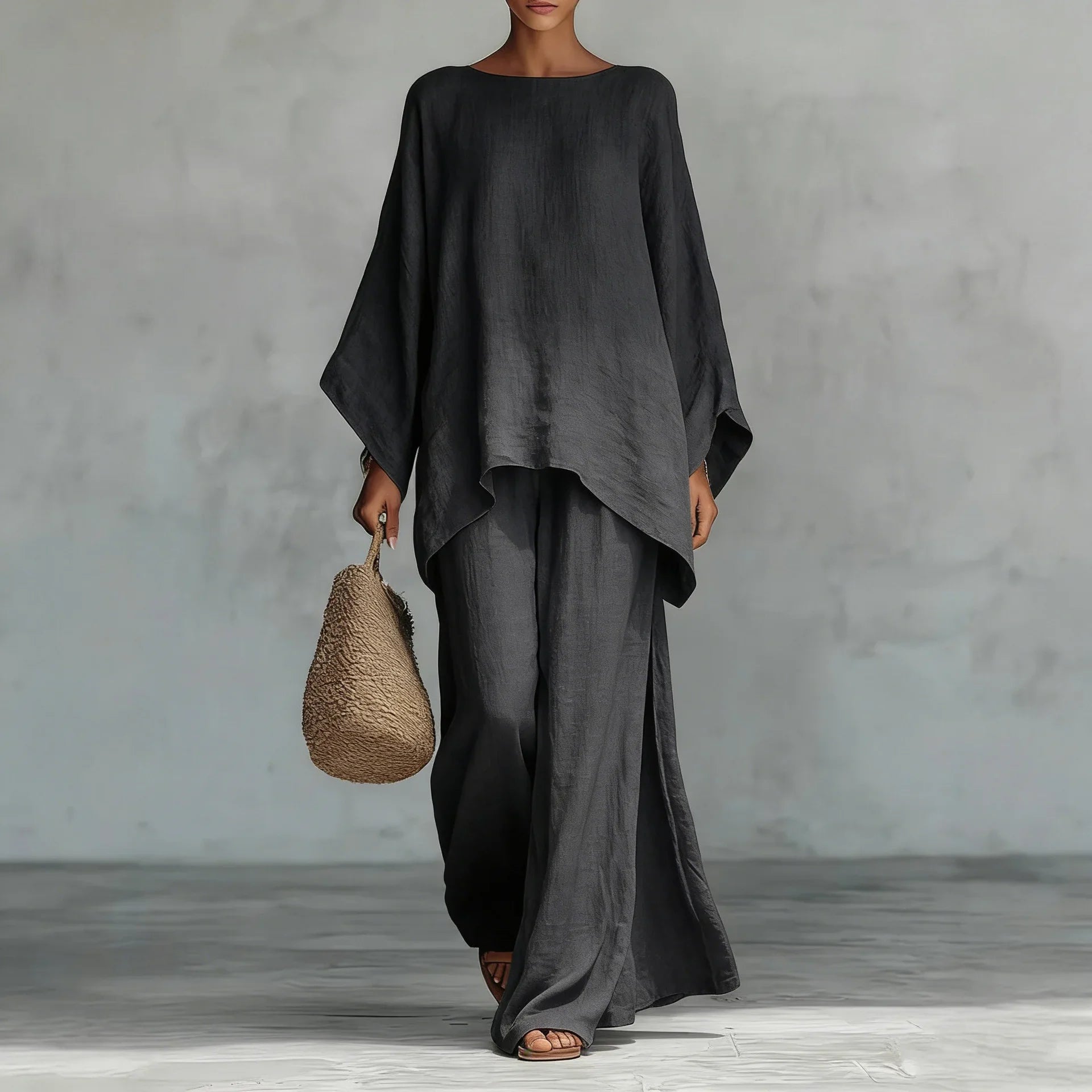 Two-Piece Set with Asymmetric Top and Wide-Leg Pants