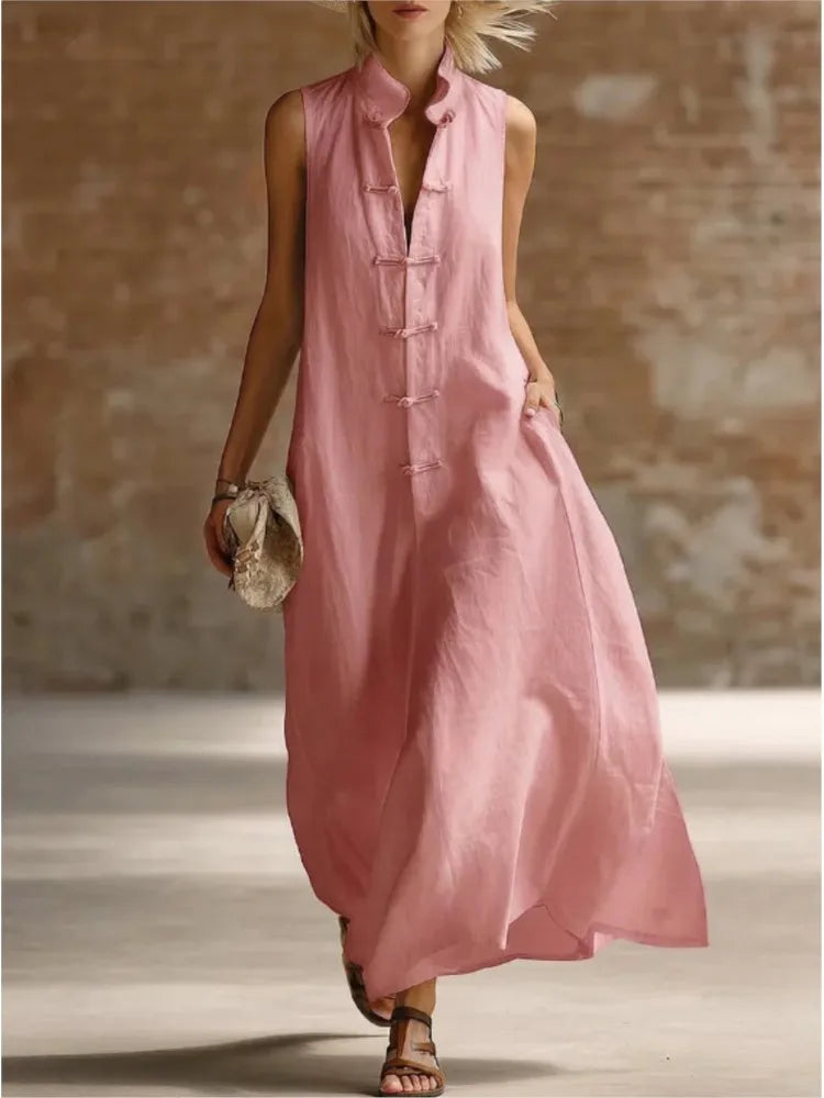 Women's Long Sleeveless Dress with Mandarin Collar