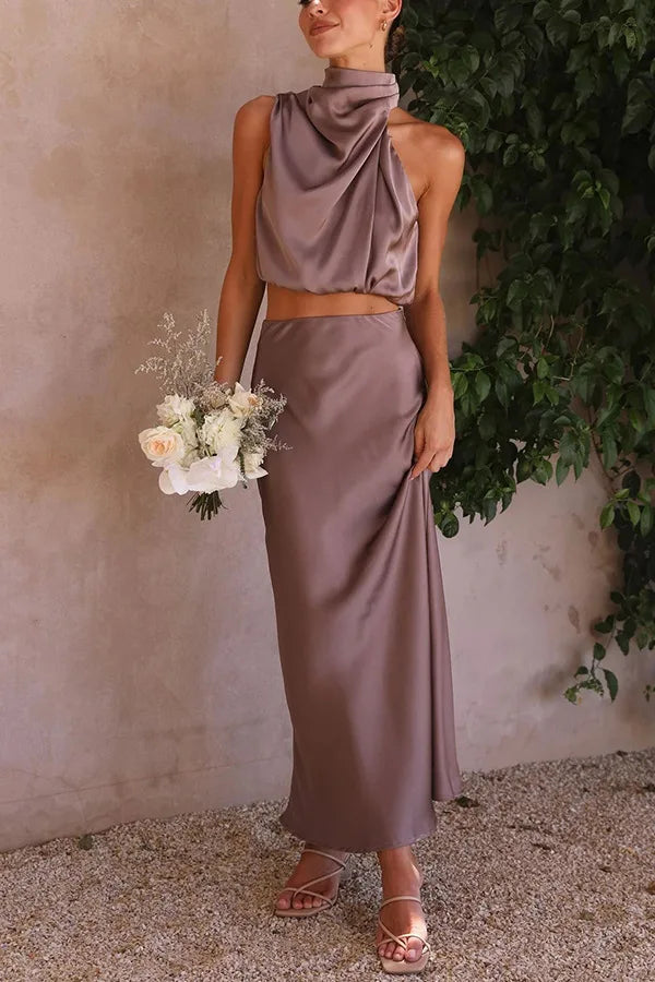 Ensemble 2 Pièces Satiné Élégant à Col Drapé pour Femme