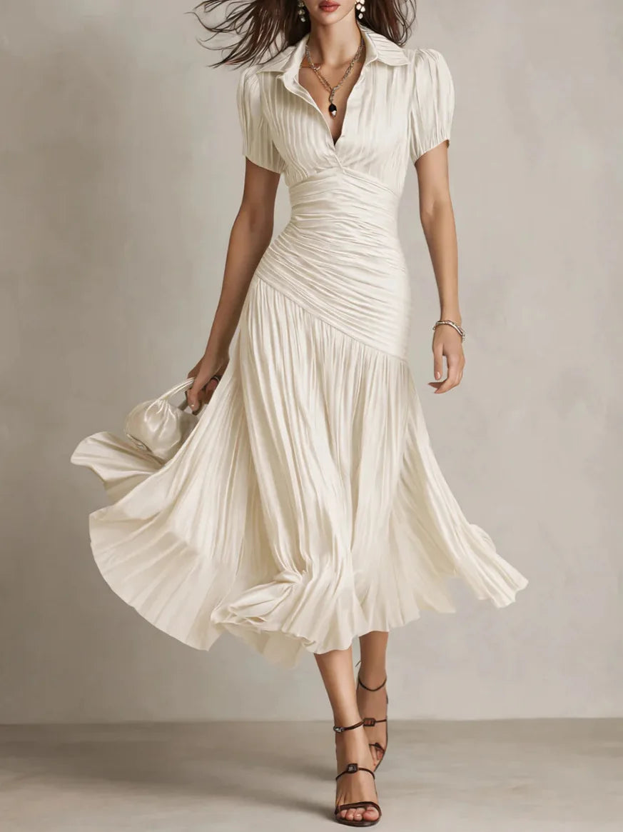 Elegant High-Waisted Pleated Women's Shirt Dress
