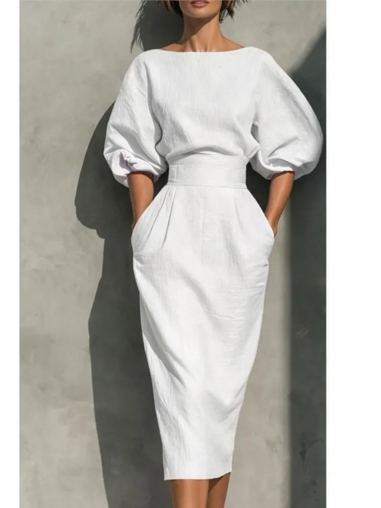 Elegant Women's Midi Dress with Puff Sleeves