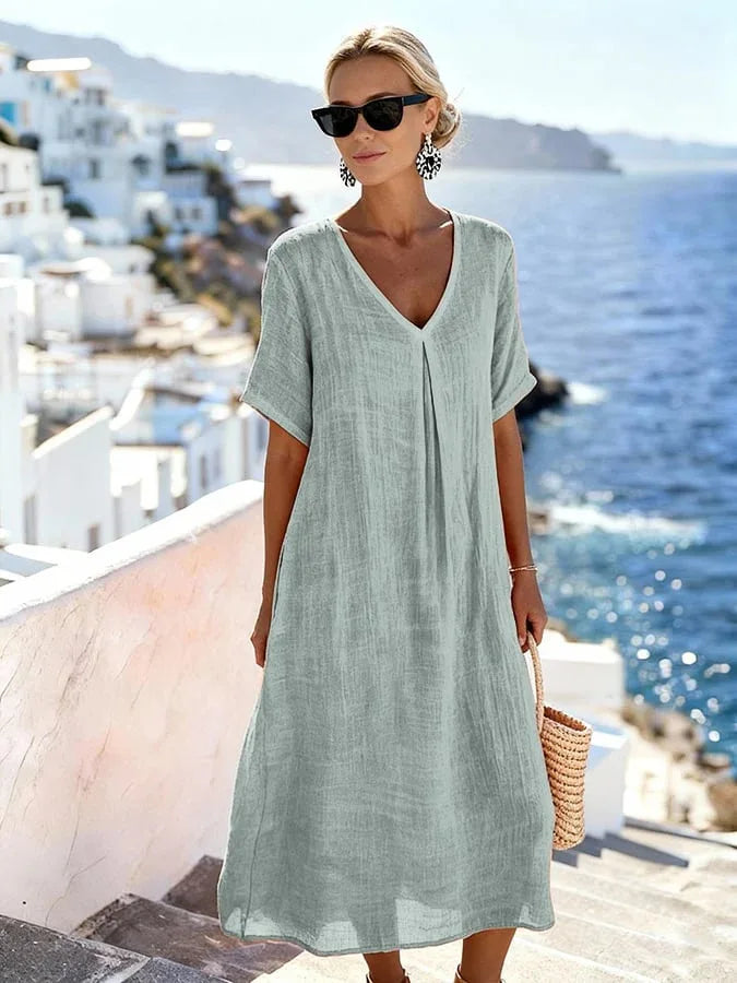Robe Midi Femme Fluide à Col V avec Coupe Ample