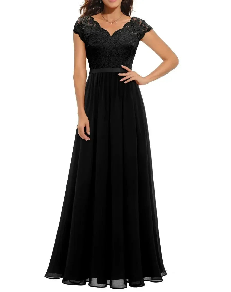 Robe Longue Femme avec Dentelle et Col en V