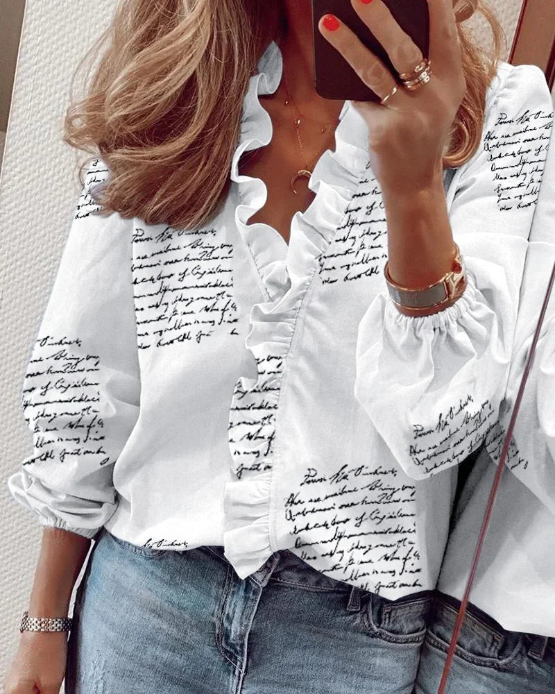 Blouse Élégante à Col Volants et Manches Longues pour Femme