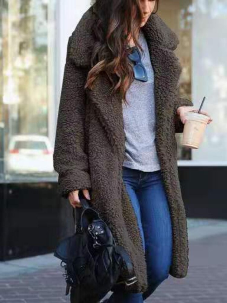 Women's Long Teddy Coat with Lapel Collar