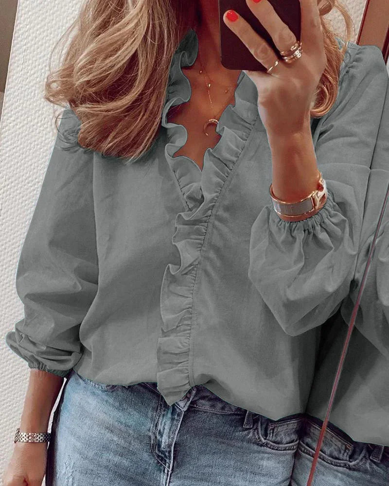 Blouse Élégante à Col Volants et Manches Longues pour Femme